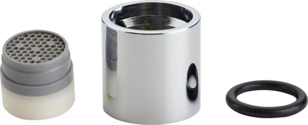 Luftsprudler-Set bestehend aus einem runden Chromkörper, einem Belüftungsaufsatz mit Wabenstruktur und einem O-Ring, geeignet für Armaturen von Ideal Standard.